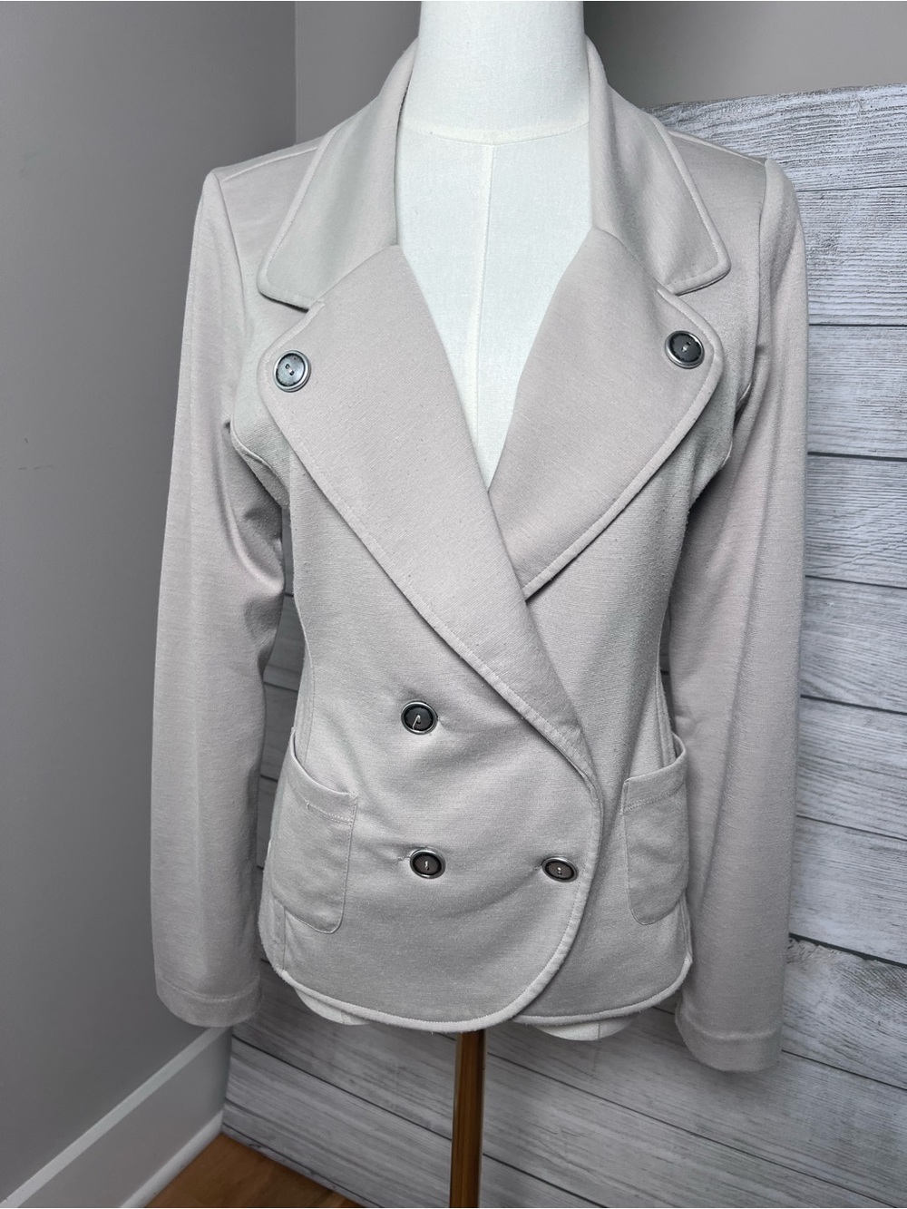 Body Central Double Breasted Knit Moto Blazer Jacket Beige Stretch Career Small - Picture 2 of 9